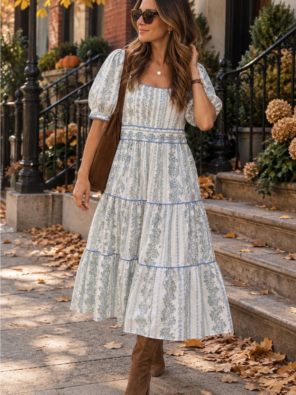 Entro Blue Floral Square Neck Puff Sleeve Tiered Midi Dress Size S